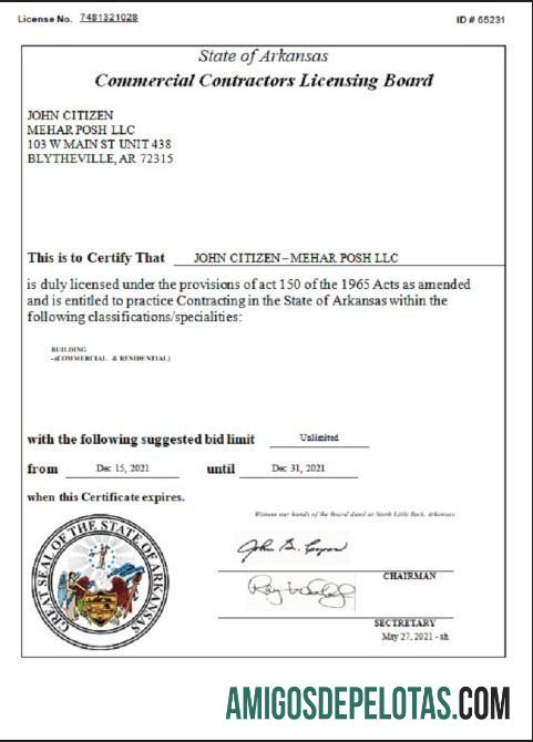 Licença de empreiteiros comerciais nos EUA Arkansas modelo